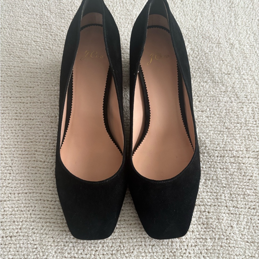 J Crew black suede block heels.